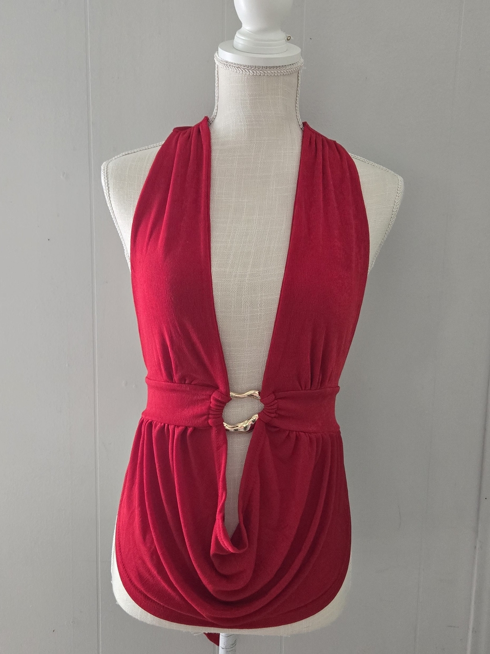 Red Halter Drape Front Dress with Gold Ring Detail